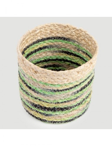 CESTA JUTE CILINDRICA RAYAS NEGRA VERDE